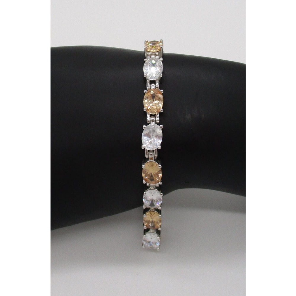 Vintage Sterling Silver 925 Orange and Clear Rhinestone Tennis Bracelet 7.75 In
